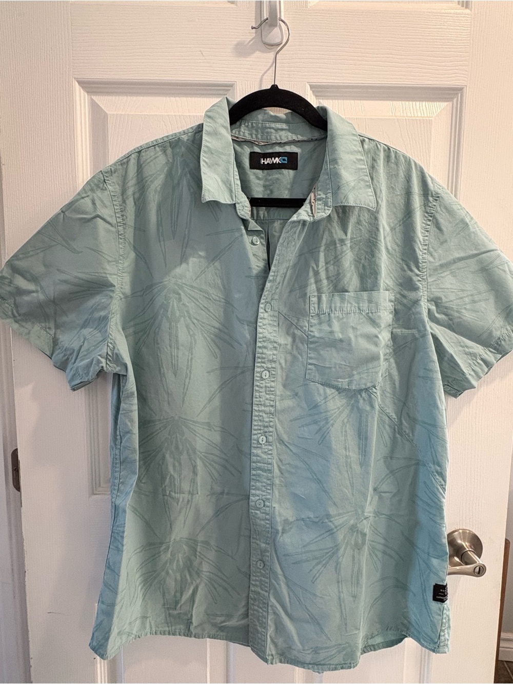 Tony Hawk Short-Sleeve Button-Up Shirt - Light Teal
Background palm tree/ floral